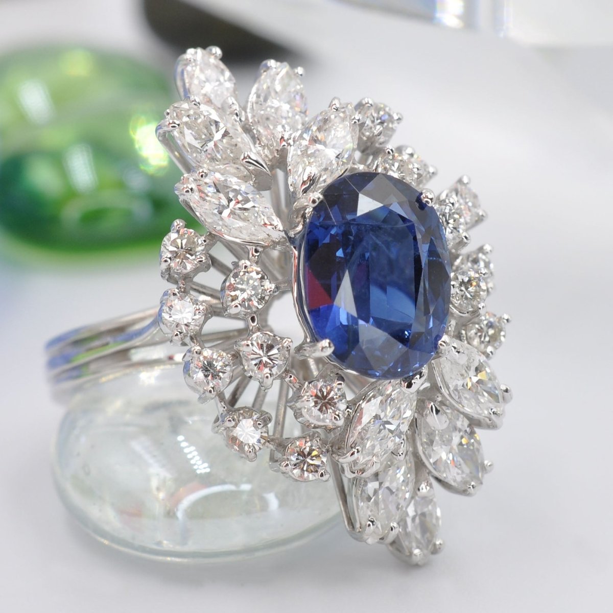 Certified 6.30CT Oval, Round, and Marquise Cut Diamond and Blue Sapphire Engagement Ring in 18KT White Gold - Primestyle.com