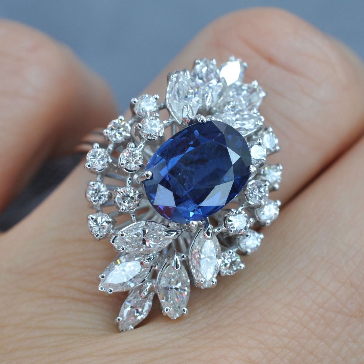 Certified 6.30CT Oval, Round, and Marquise Cut Diamond and Blue Sapphire Engagement Ring in 18KT White Gold - Primestyle.com