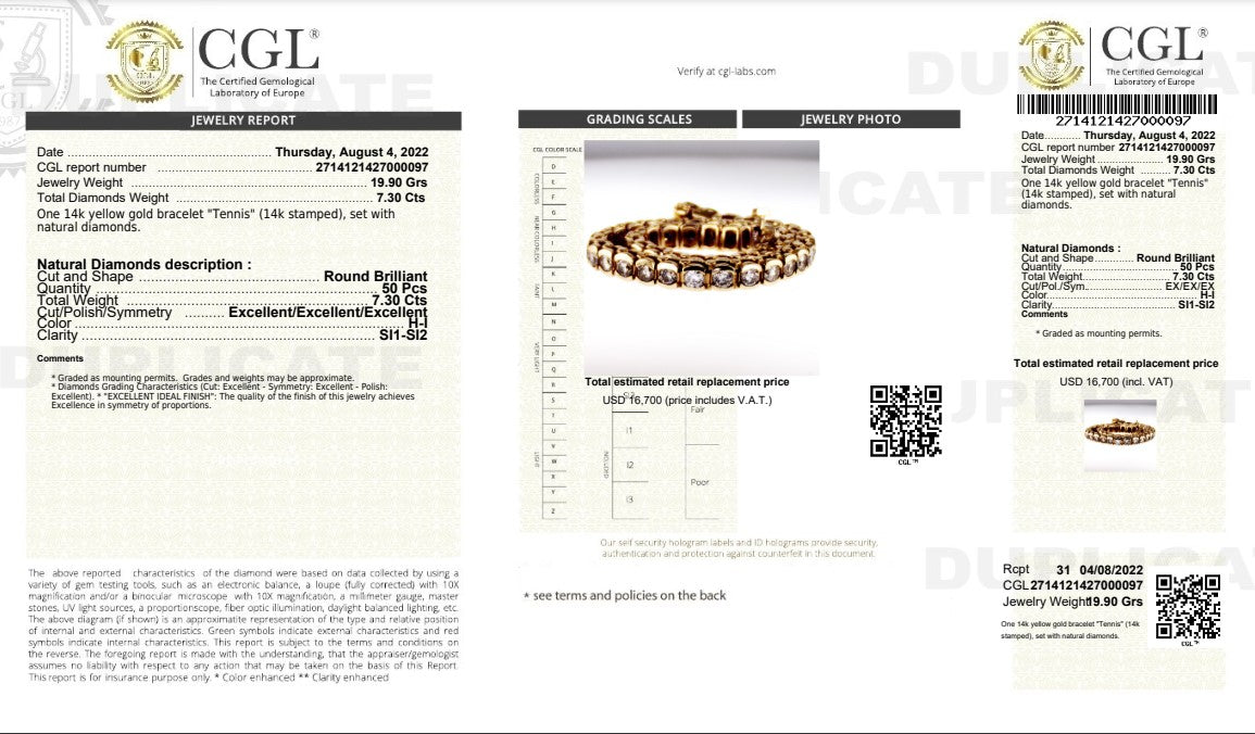 Certified 7.30CT Round Cut Diamond Tennis Bracelet in 14KT Yellow Gold - Primestyle.com