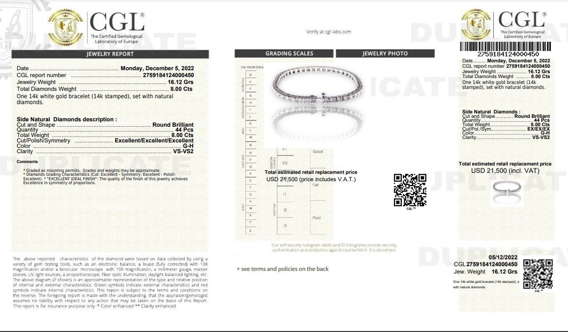 Certified 8.00CT Round cut Tennis Bracelet in 14KT White Gold - Primestyle.com