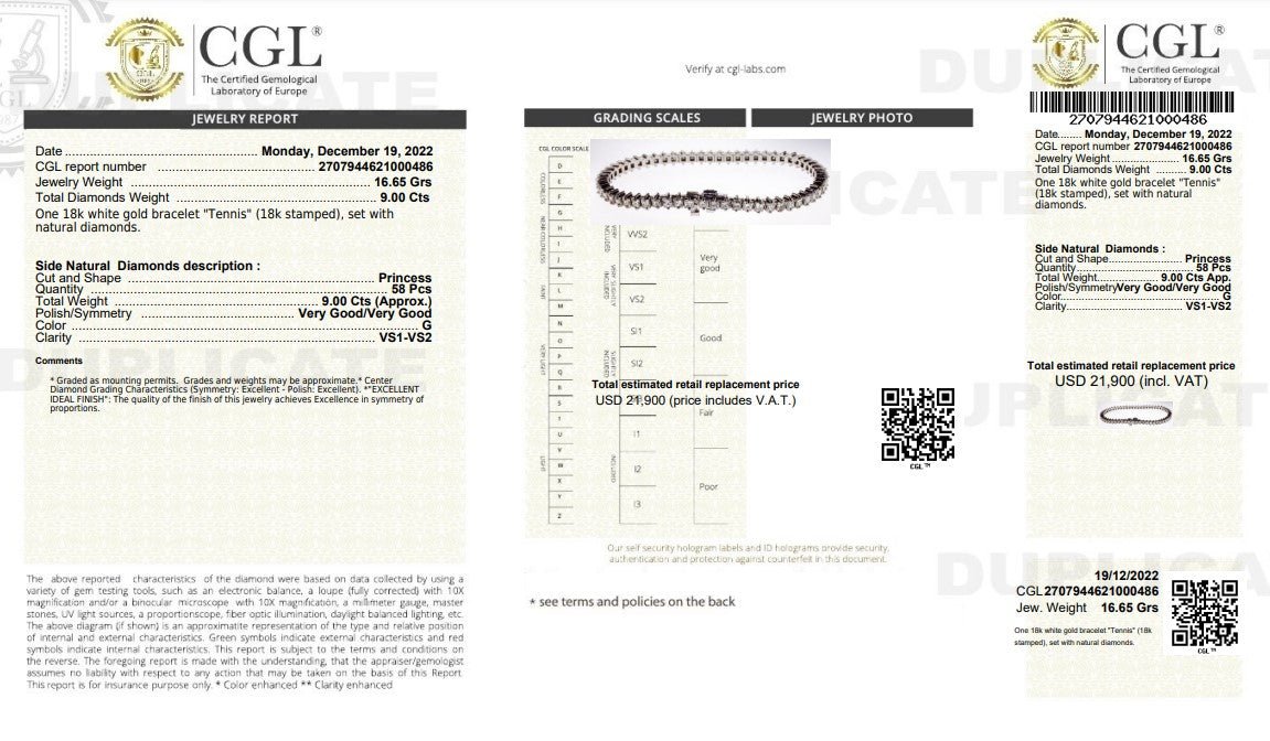 Certified 9.00CT Princess cut Tennis Bracelet in 18KT White Gold - Primestyle.com
