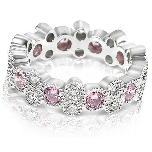 Classy 1.90CT Round Cut Diamond &amp; Pink Sapphires Eternity Ring in 14KT White Gold - Primestyle.com