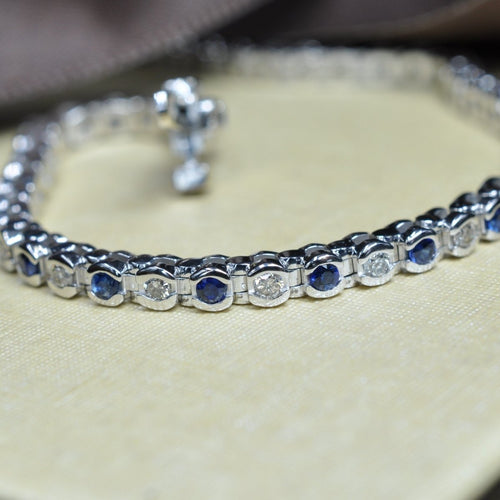 Enchanting 1.00 CT Round Cut Blue Sapphire and Diamond Color Stones Bracelet in 14KT White Gold - Primestyle.com