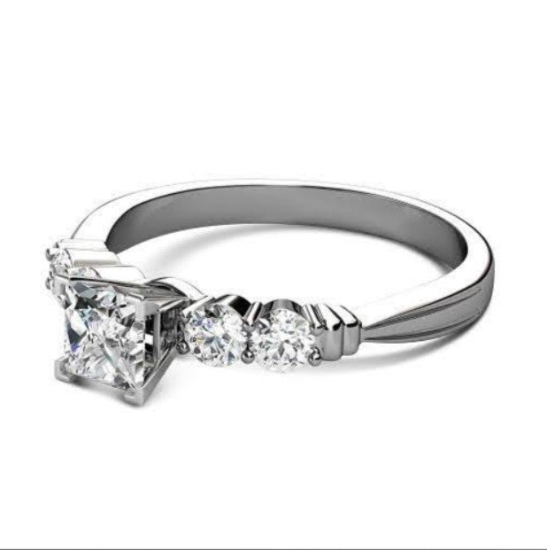 Exquisite 1.00 CT Princess and Round Cut Diamond Engagement Ring in 18KT White Gold PSRI1329 - Primestyle.com