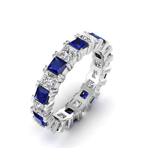 Exquisite 4.70CT Princess cut Diamonds and Blue Sapphires Eternity Ring in 18KT White Gold - Primestyle.com