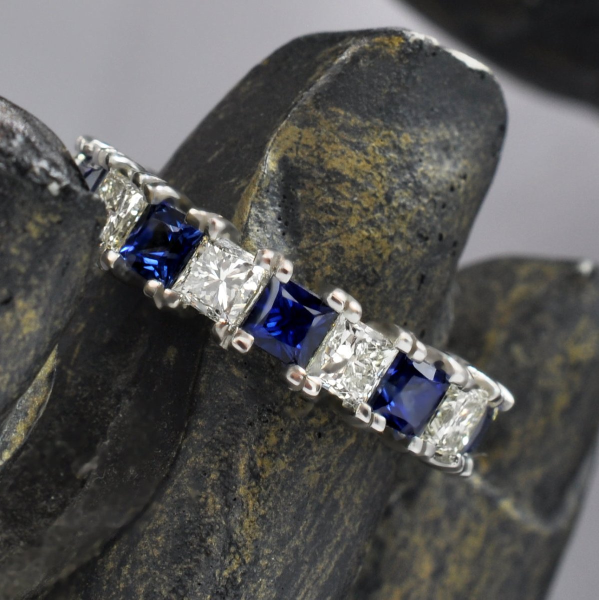 Exquisite 4.70CT Princess cut Diamonds and Blue Sapphires Eternity Ring in 18KT White Gold - Primestyle.com