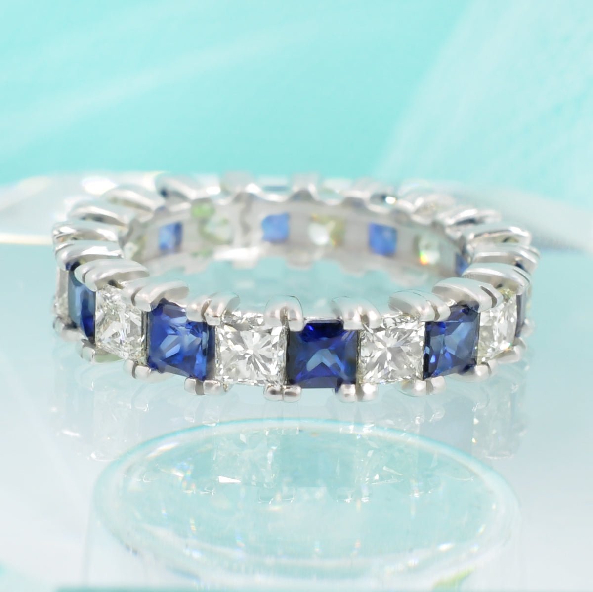 Exquisite 4.70CT Princess cut Diamonds and Blue Sapphires Eternity Ring in 18KT White Gold - Primestyle.com