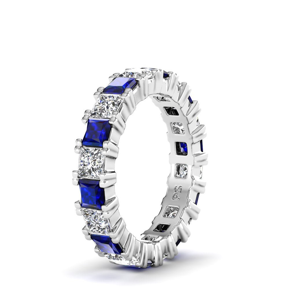 Exquisite 4.70CT Princess cut Diamonds and Blue Sapphires Eternity Ring in 18KT White Gold - Primestyle.com