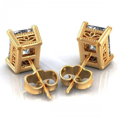 Glistening 1.00 CT Radiant Cut Diamond Stud Earrings in 14KT Yellow Gold - Primestyle.com