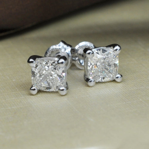 Glistening 1.50 CT Cushion Cut Diamond Stud Earrings in 18 KT White Gold - Primestyle.com