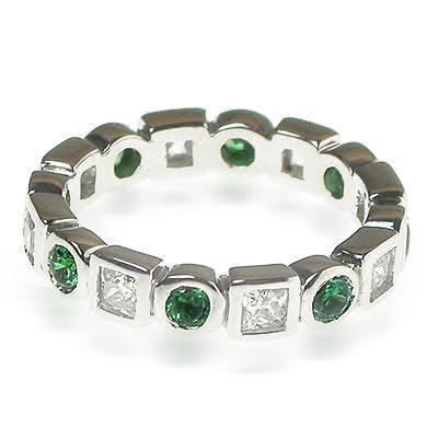 1.65 CT Round &amp; Princess Cut Green Emeralds &amp; Diamonds - Eternity Ring