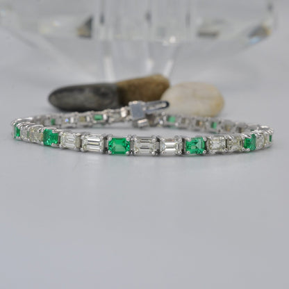 Luxurious 7.50CT Emerald Cut Diamond and Green Emerald Tennis Bracelet in 14KT White Gold - Primestyle.com