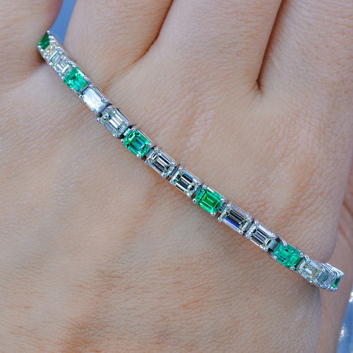 Luxurious 7.50CT Emerald Cut Diamond and Green Emerald Tennis Bracelet in 14KT White Gold - Primestyle.com