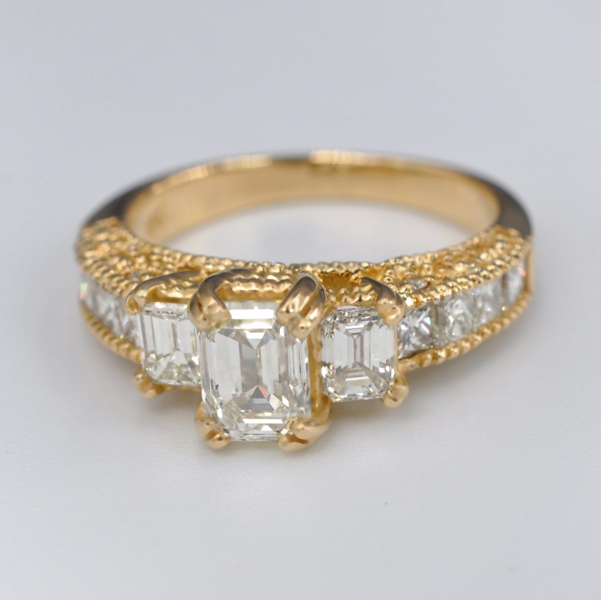 Prestige 2.60 CT Emerald, Princess, and Round Cut Diamond Engagement Ring in 18KT Yellow Gold - Primestyle.com