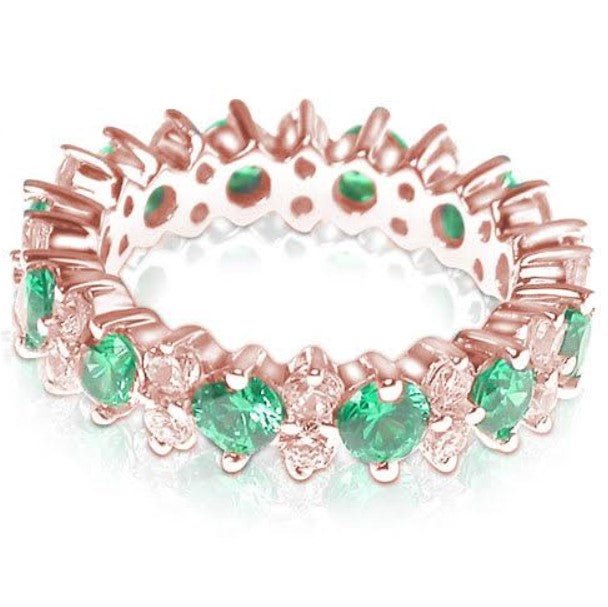 Prestige 4.00 CT Round Cut Diamond and Green Emerald Eternity Ring in 14KT Rose Gold - Primestyle.com