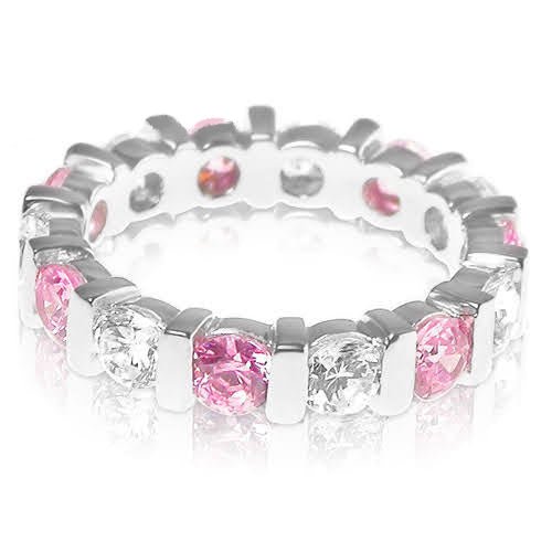 Radiant 3.20CT Round Cut Diamond and Pink Sapphire Eternity Ring in Platinum - Primestyle.com