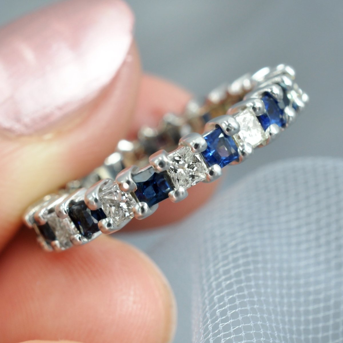 Reduced 3.40 CT Princess Cut Blue Sapphire and Diamond Eternity Ring in 14 KT White Gold - Primestyle.com