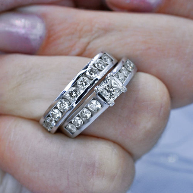 Sophisticated 1.80CT Princess and Round Cut Diamond Bridal set in 14KT White Gold