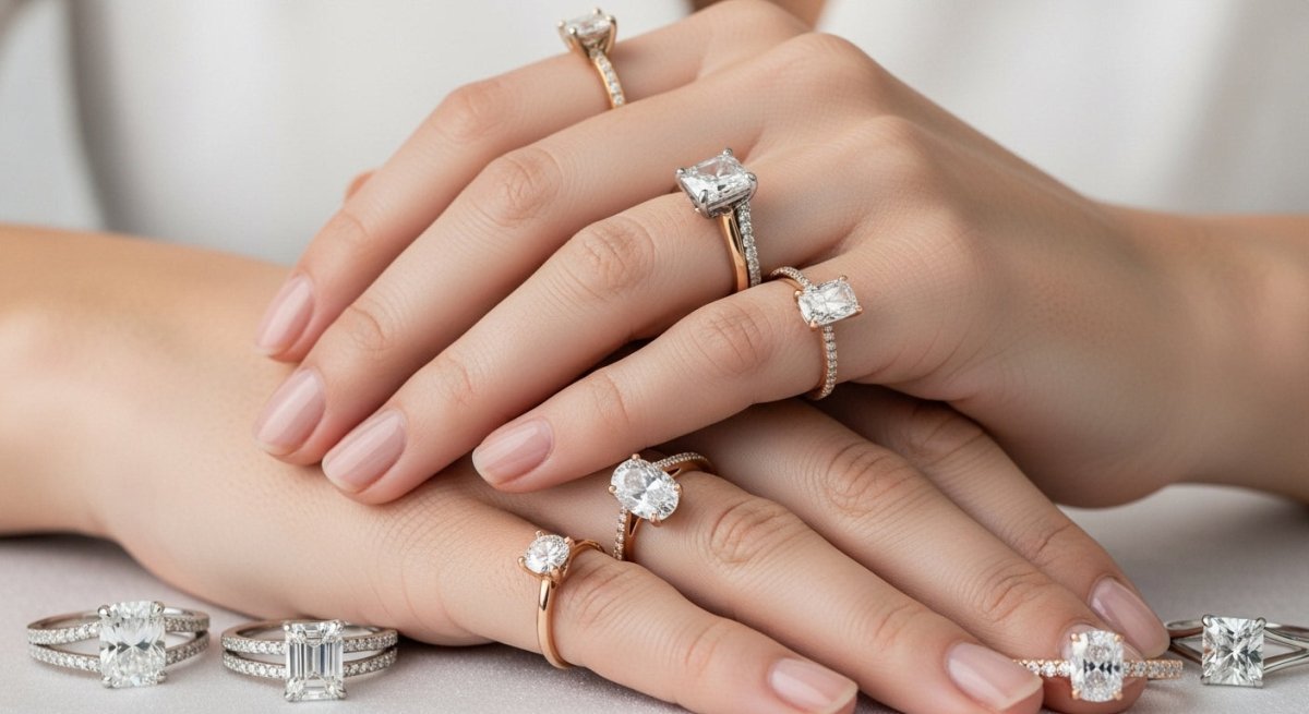Diamond engagement ring styles laid out side by side