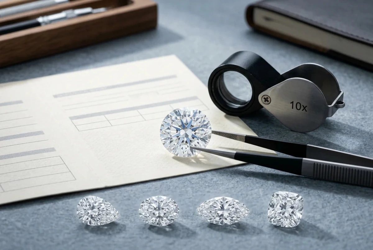 A jeweler inspects a round brilliant diamond with tweezers beside a 10x loupe and a grading report, four loose diamond shapes lined up in front