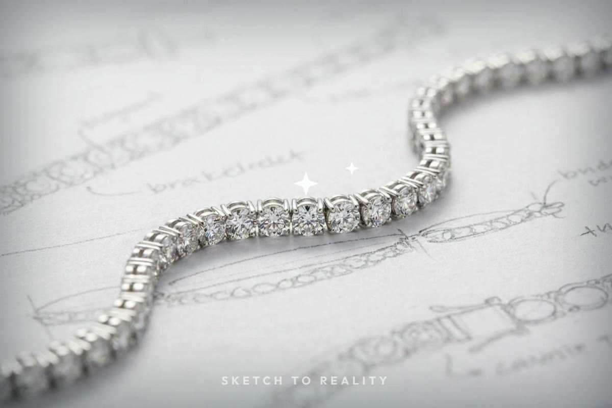 A custom bracelet shown developing from a hand-drawn sketch into the finished piece