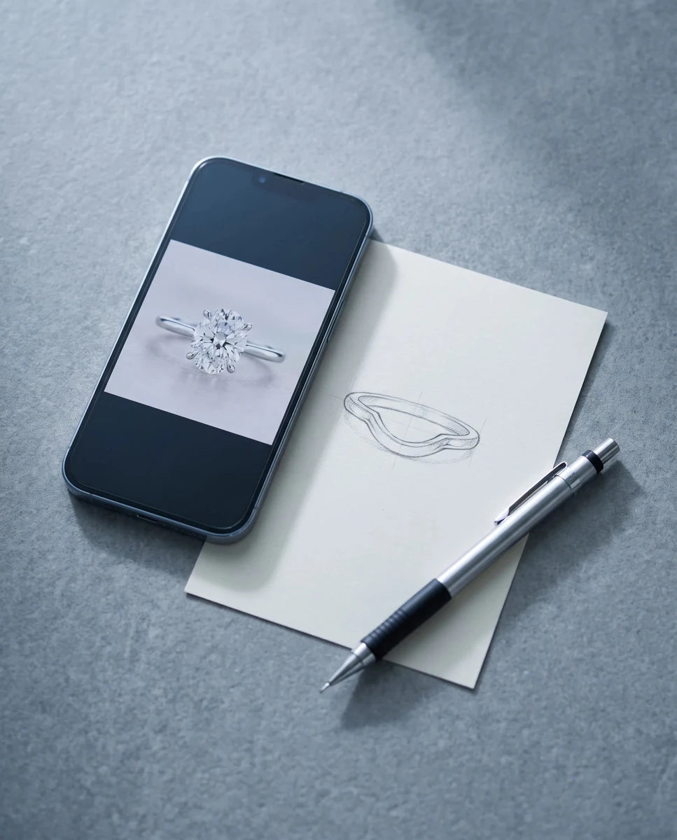 A phone photo of an oval solitaire beside a pencil sketch of a contour band