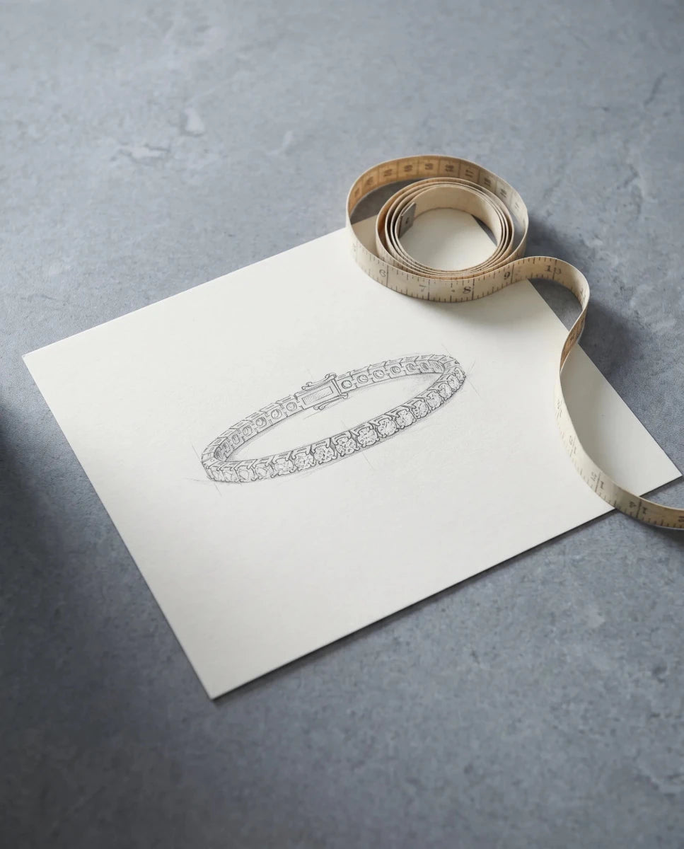 A pencil sketch of a tennis bracelet beside a soft measuring tape