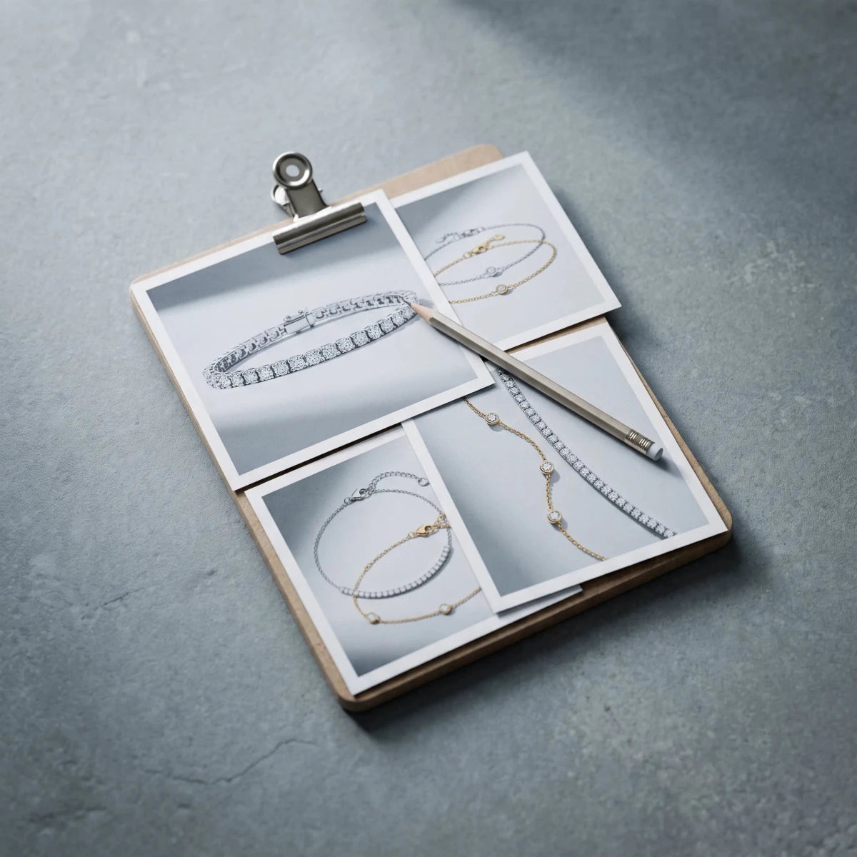 Printed photos of diamond bracelets on a designer's desk