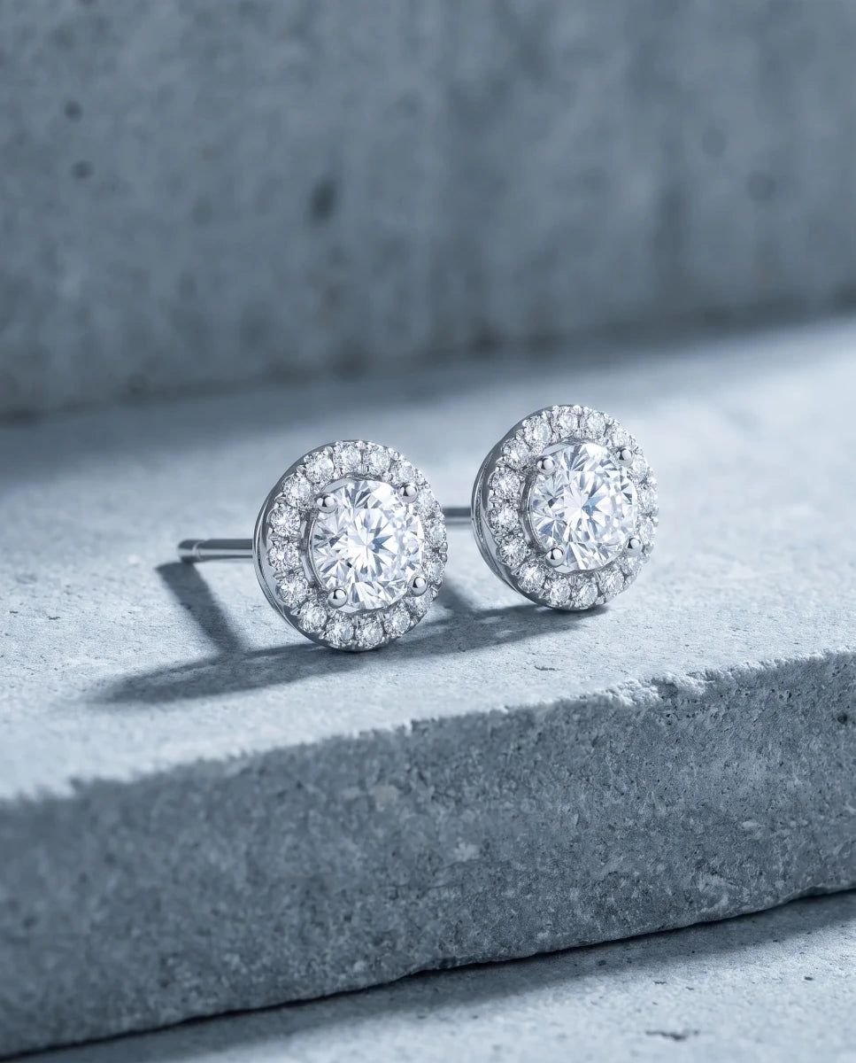 The finished pair of diamond halo stud earrings