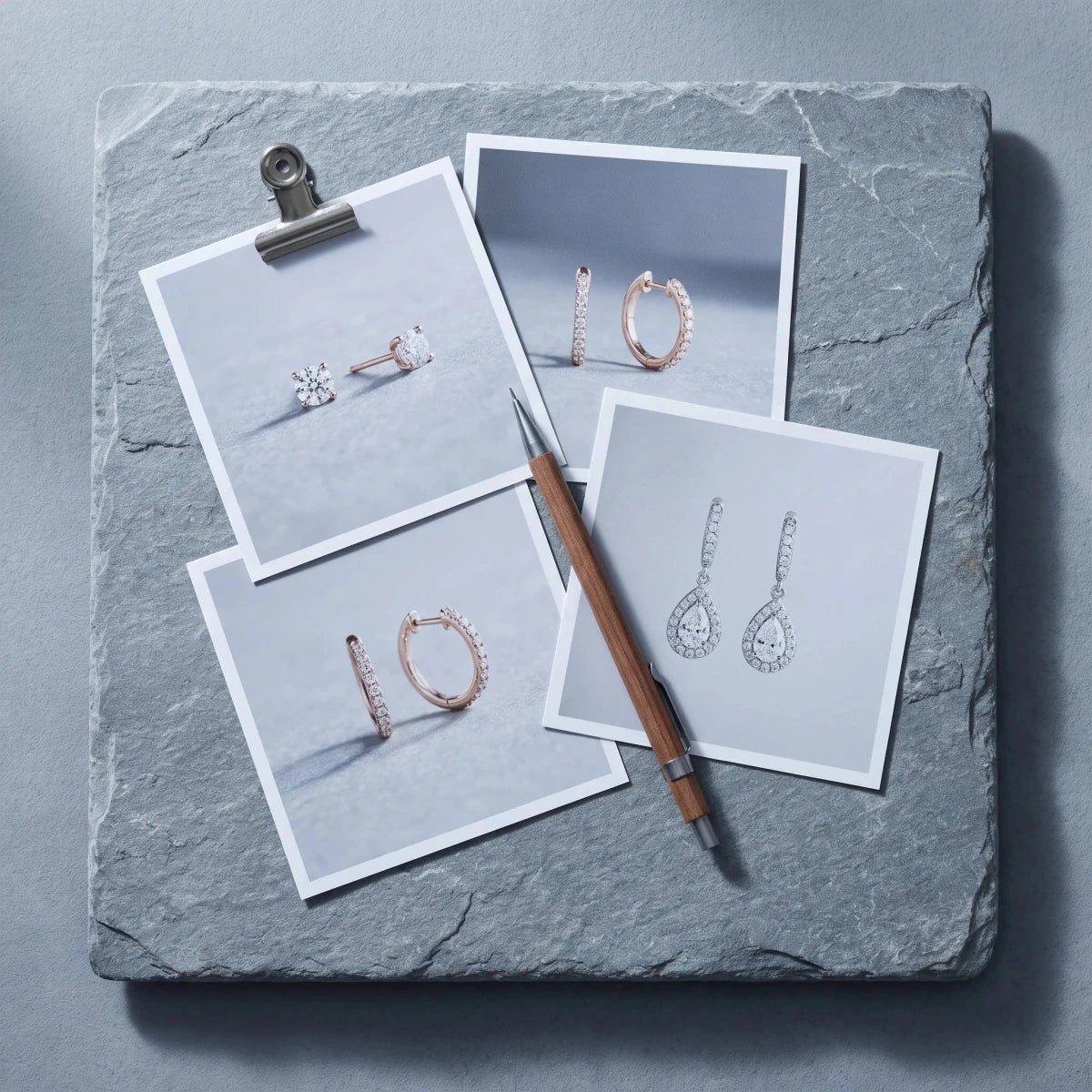 Printed photos of diamond earrings on a designer's desk