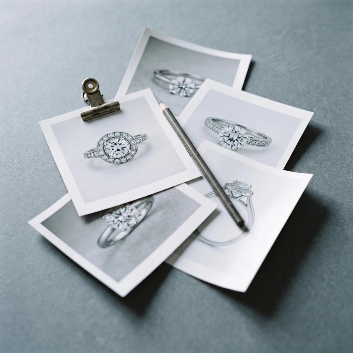 A board of printed engagement ring inspiration photos