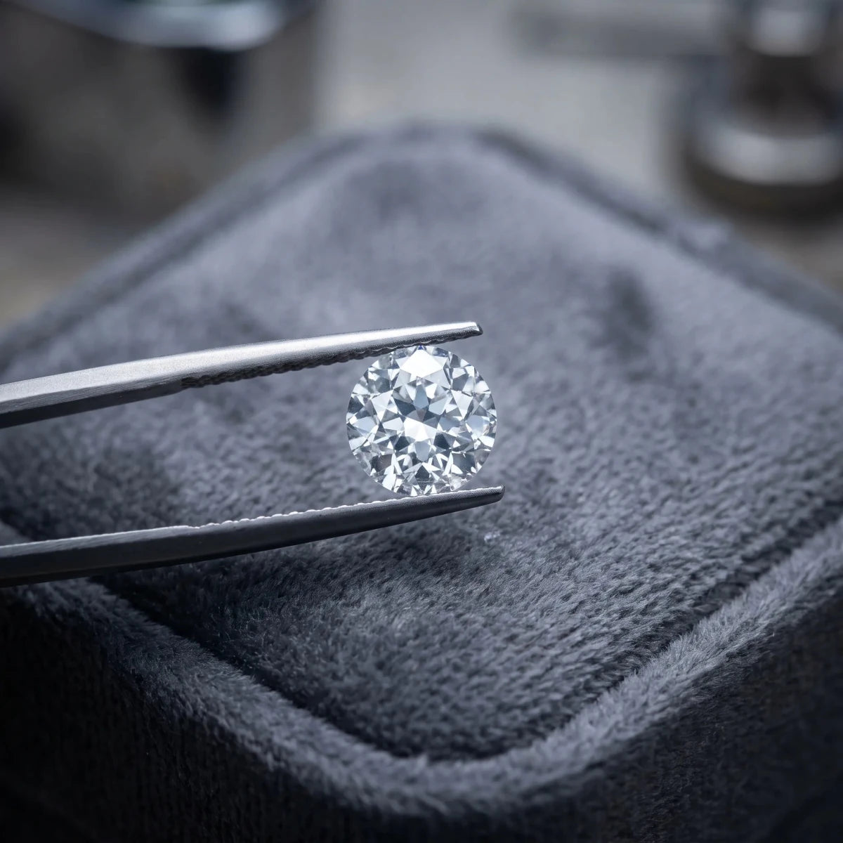 A diamond studied in jeweler's tweezers, the starting point for an heirloom-inspired design