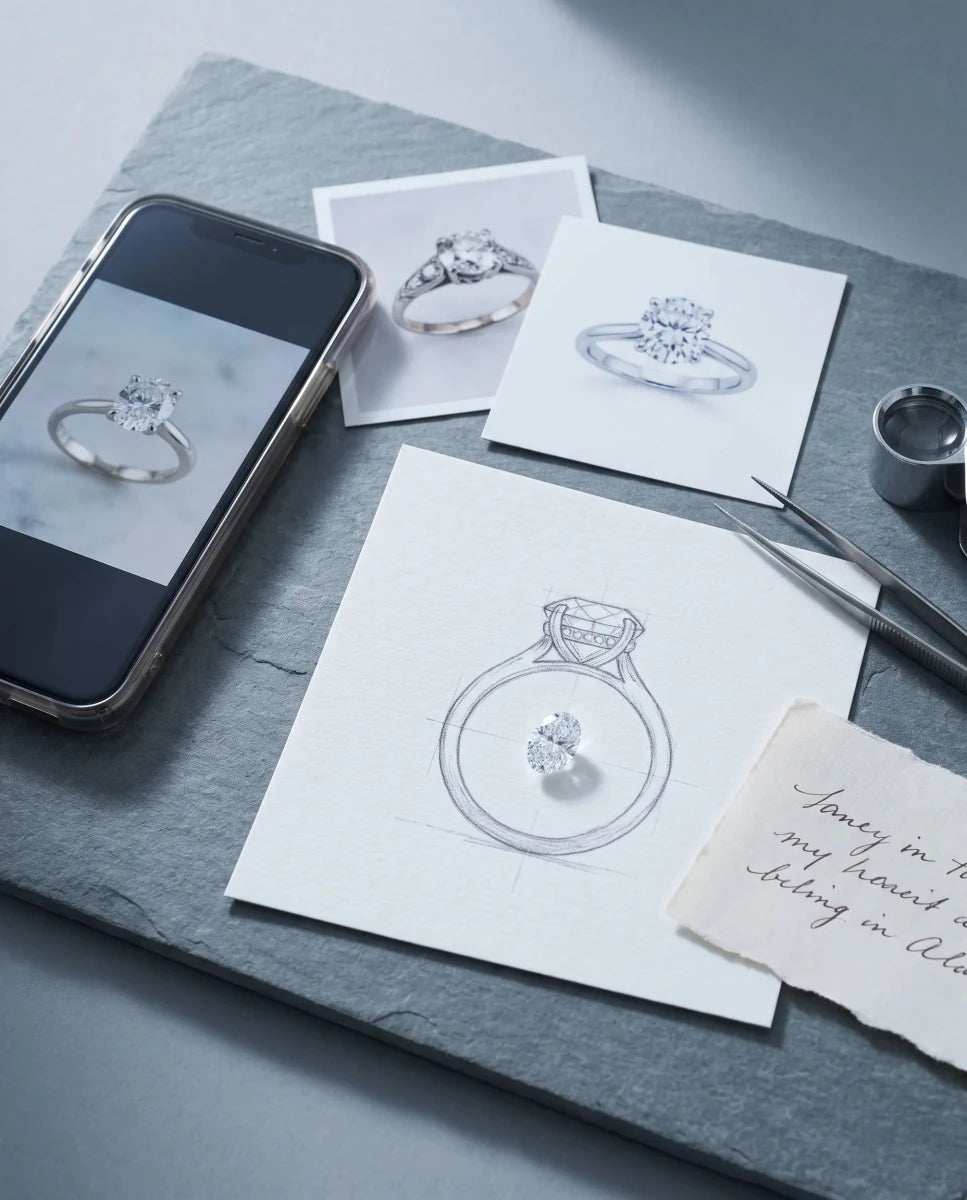 A phone photo, printed inspiration and a pencil sketch of an engagement ring, the raw idea