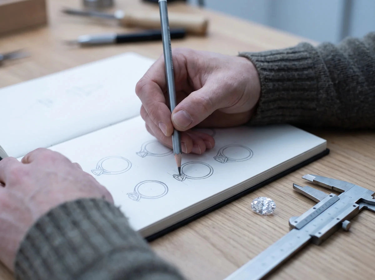 A designer sketching ring profiles in pencil at a workbench