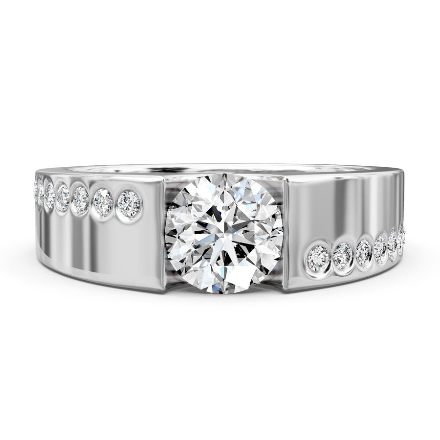 A photoreal render of a custom engagement ring, three-quarter view, as presented for approval