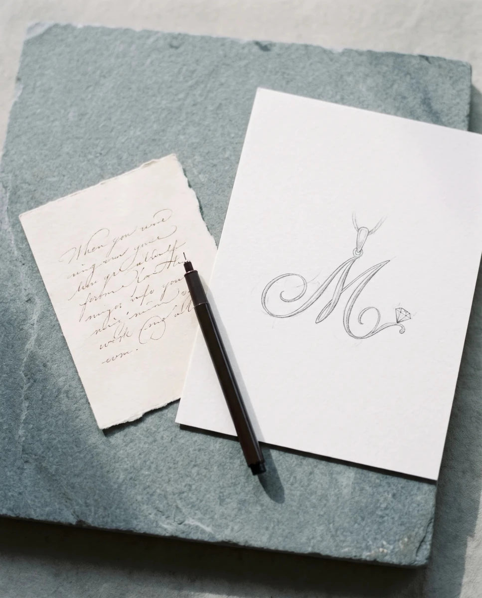 A handwritten note beside a pencil sketch of a script initial pendant
