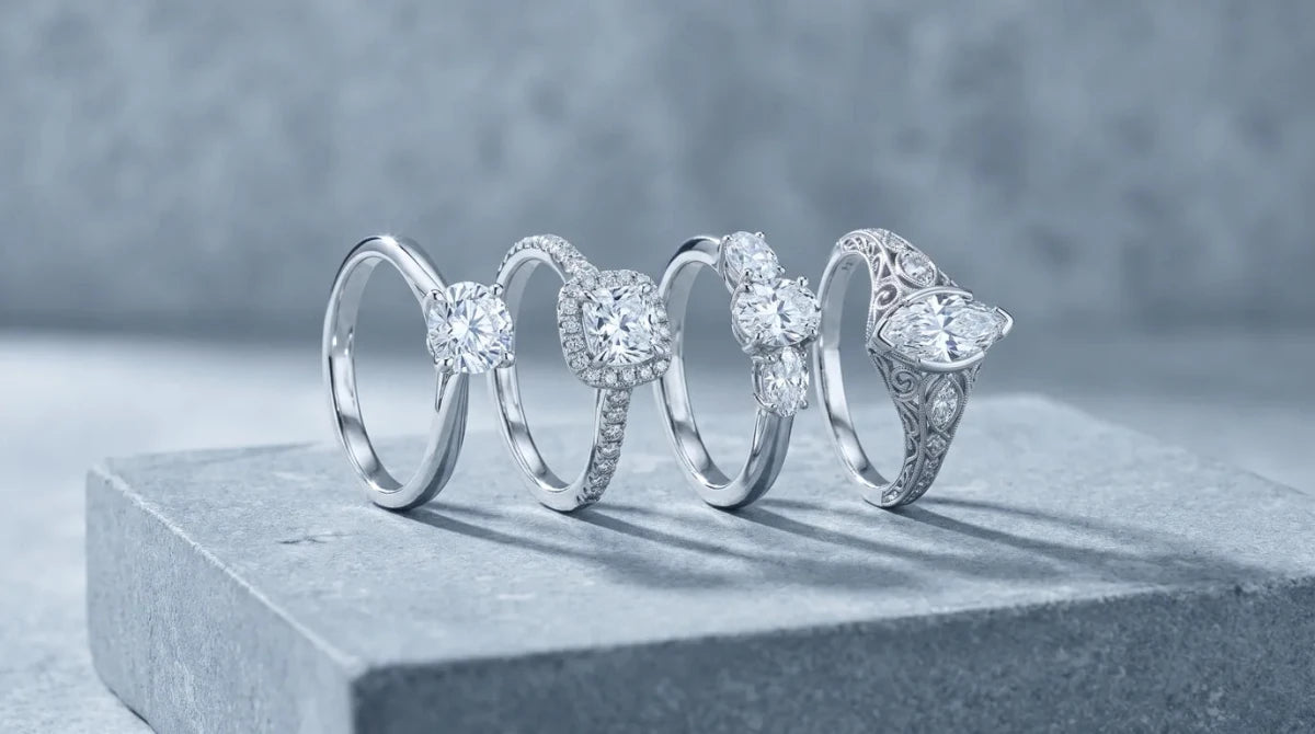 Four diamond engagement rings in white gold standing side by side on a gray stone surface