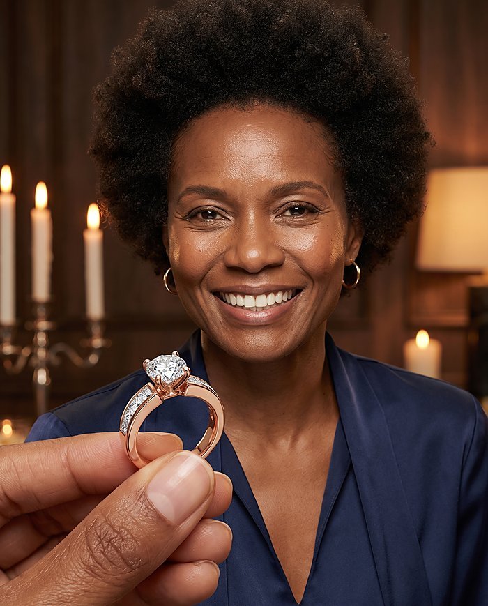 A beaming woman in navy silk being presented a round-cut natural diamond ring in rose gold