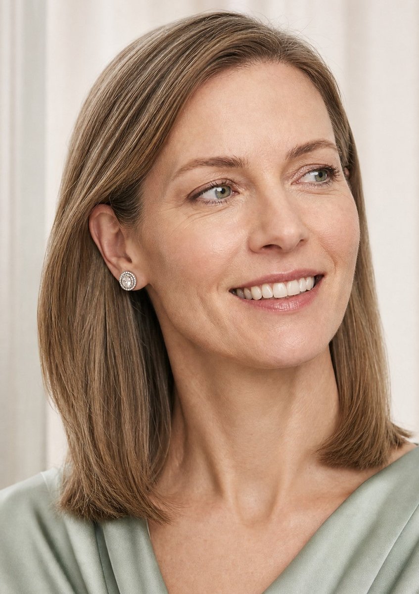 A woman wearing a platinum diamond pair
