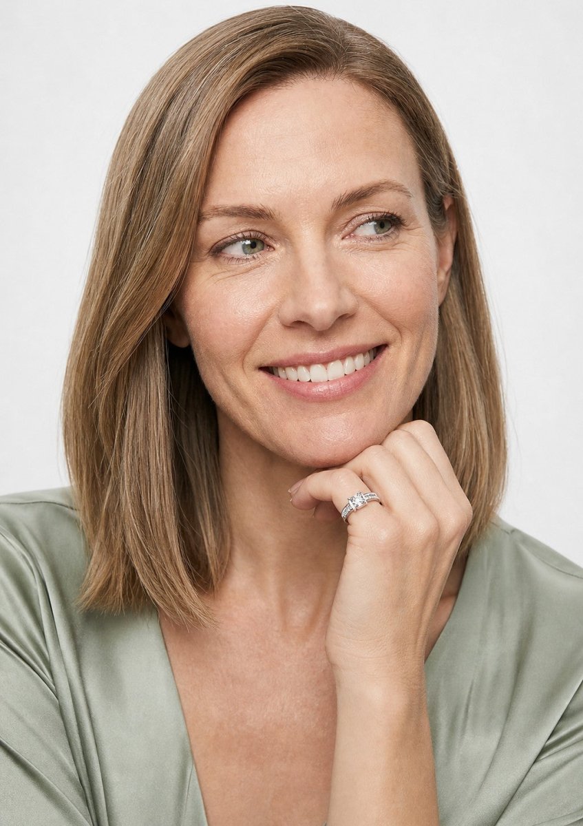 A woman wearing a platinum lab grown diamond ring