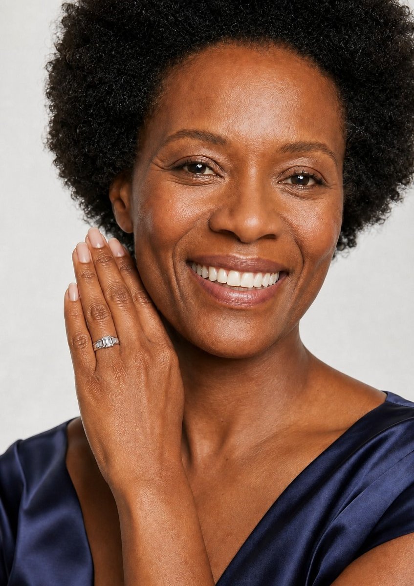 A woman wearing a platinum lab grown diamond ring