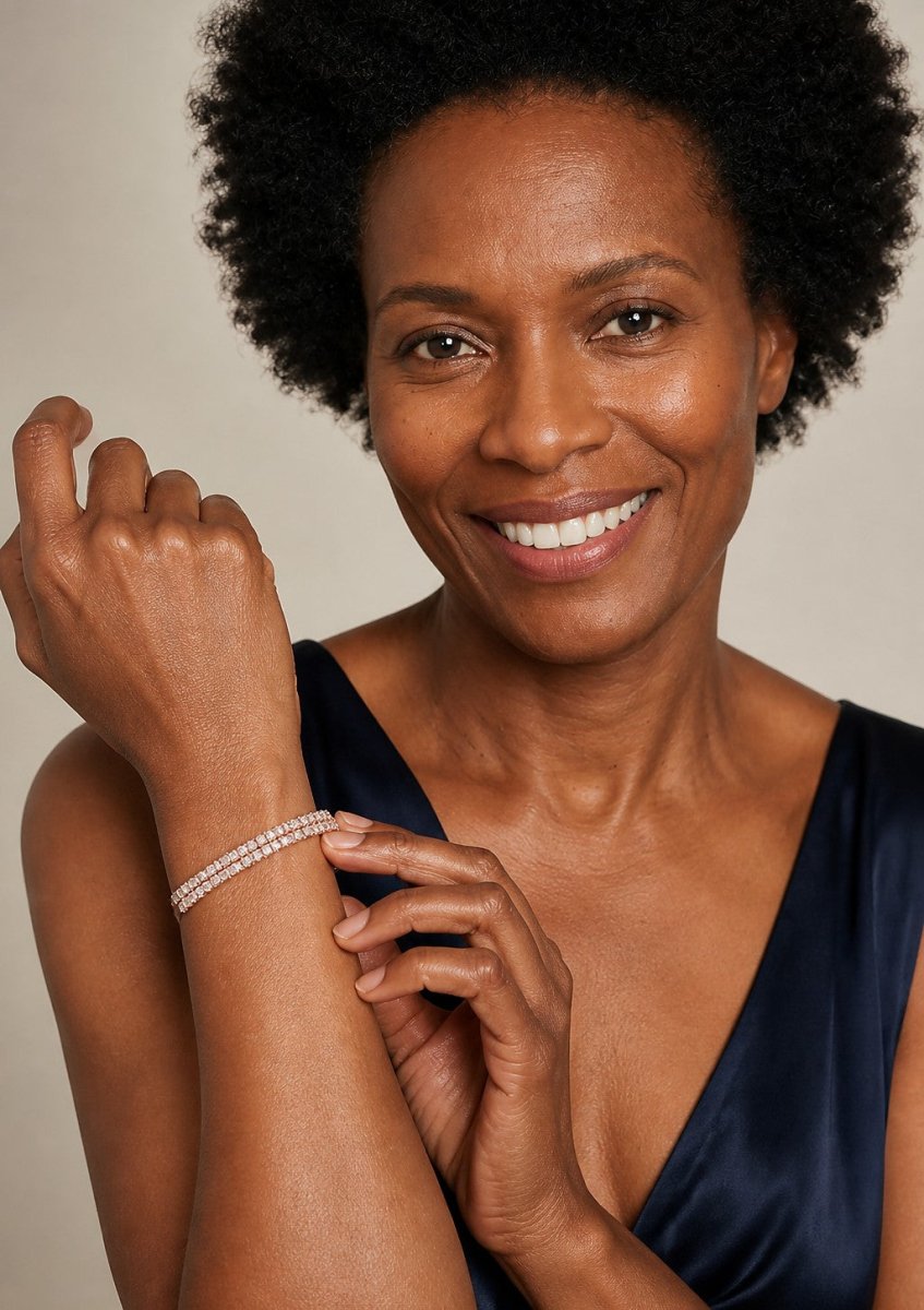 A woman wearing a rose gold diamond bracelet