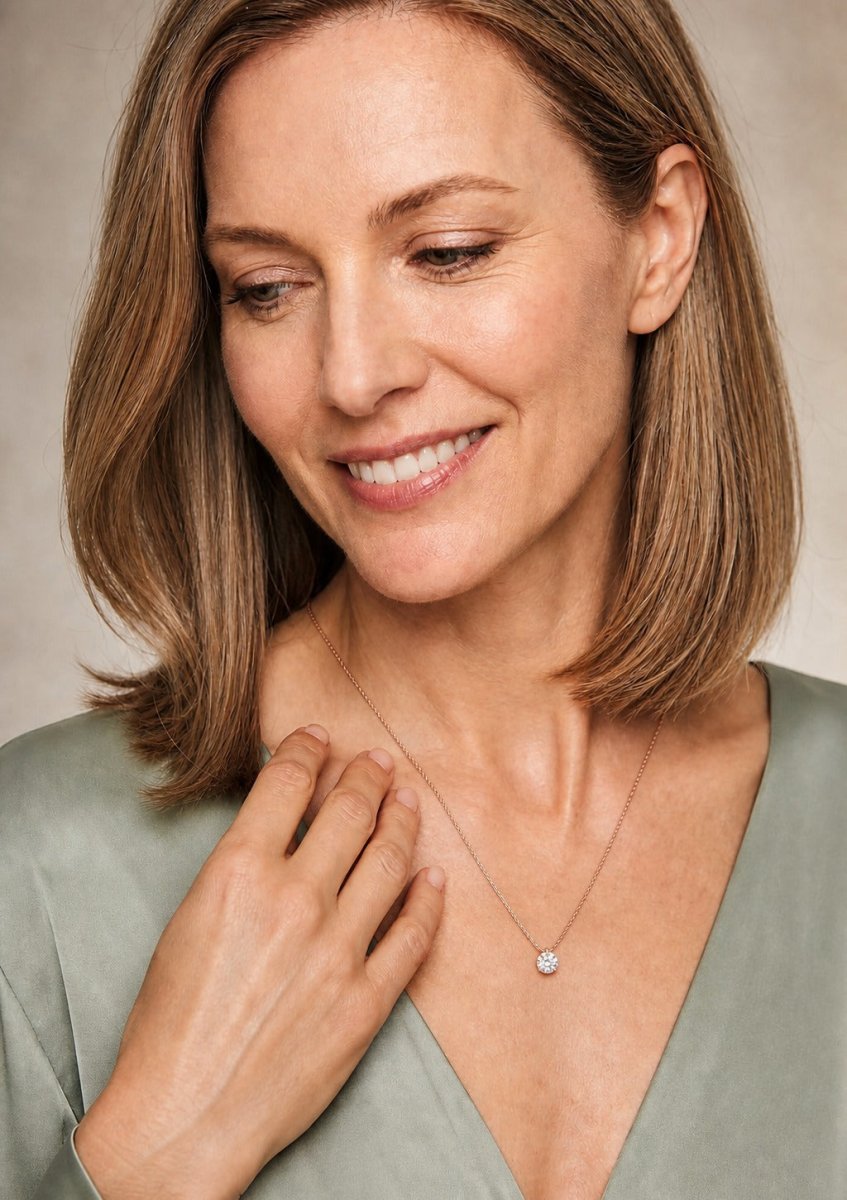 A woman wearing a rose gold diamond pendant