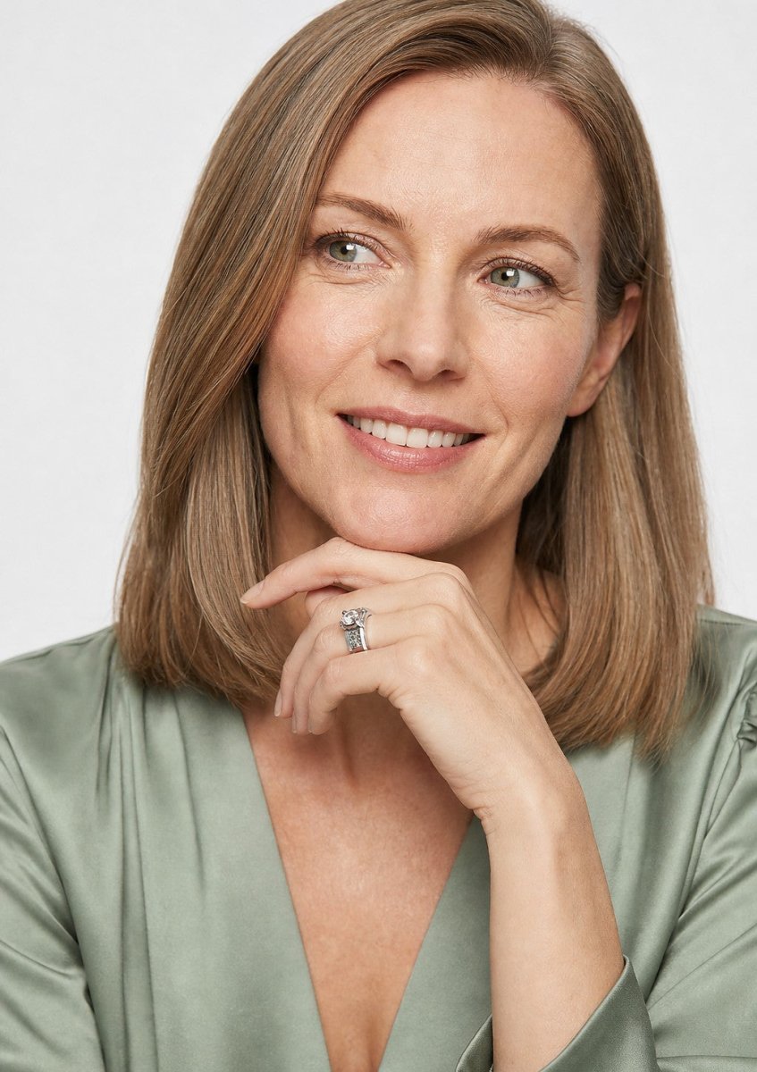 A woman wearing a white gold lab grown diamond ring