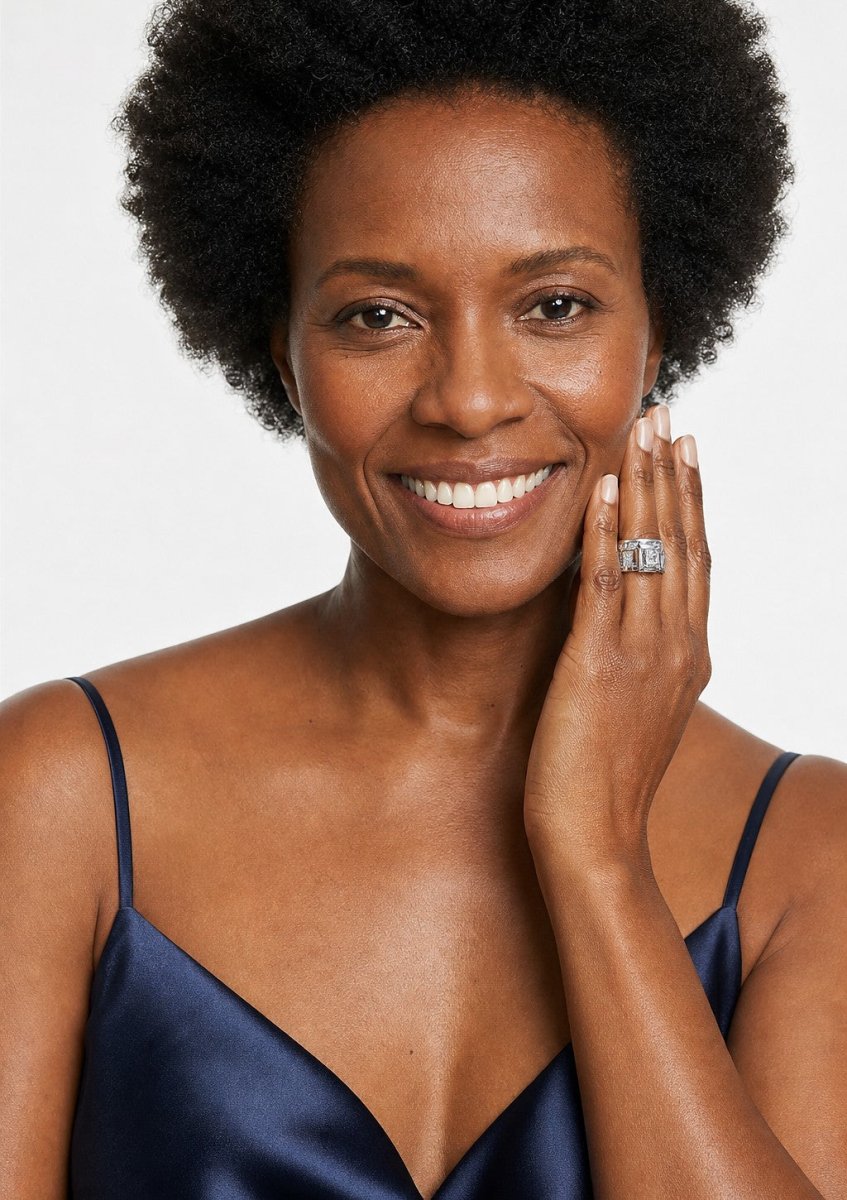 A woman wearing a white gold lab grown diamond ring