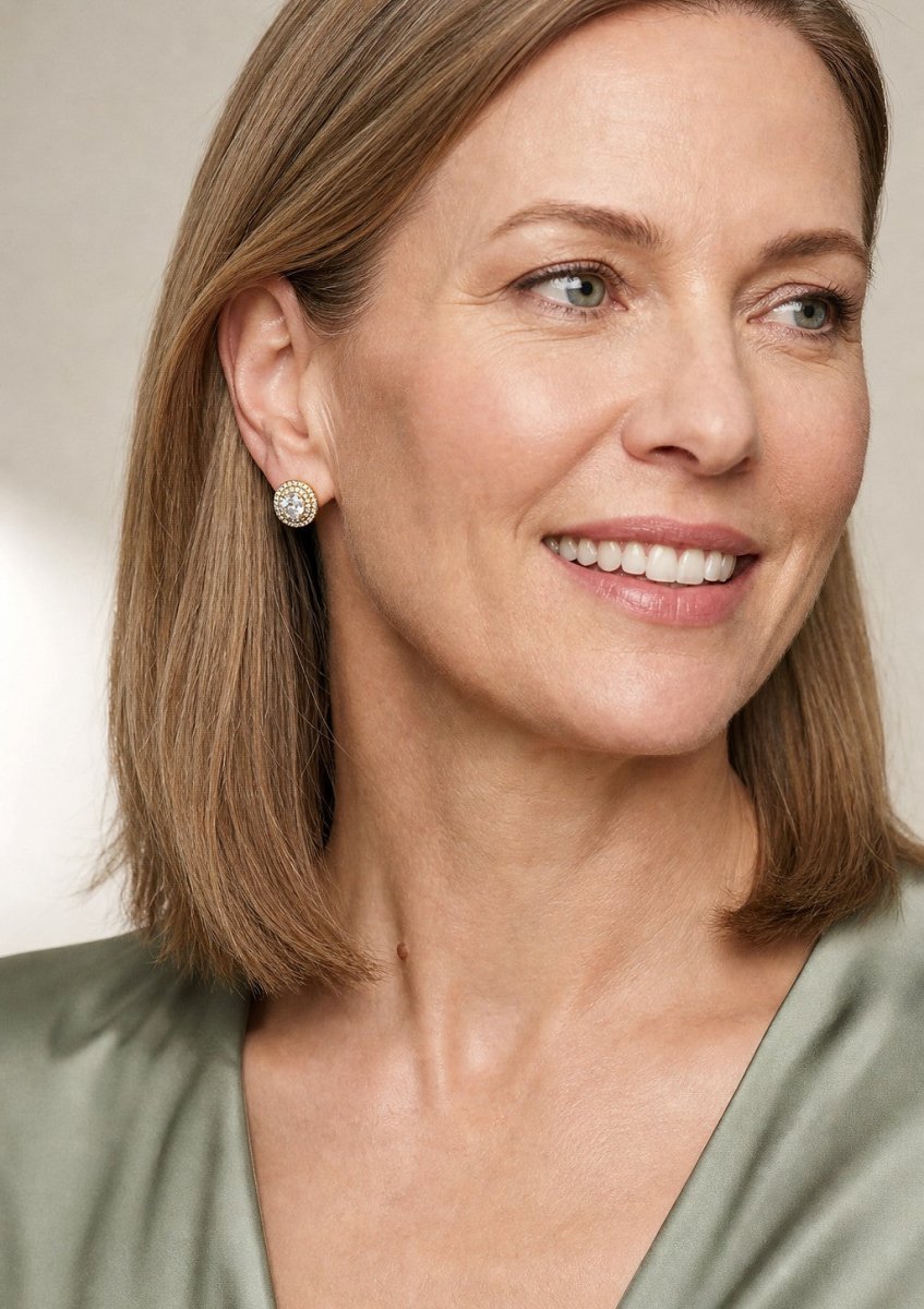 A woman wearing a yellow gold diamond pair