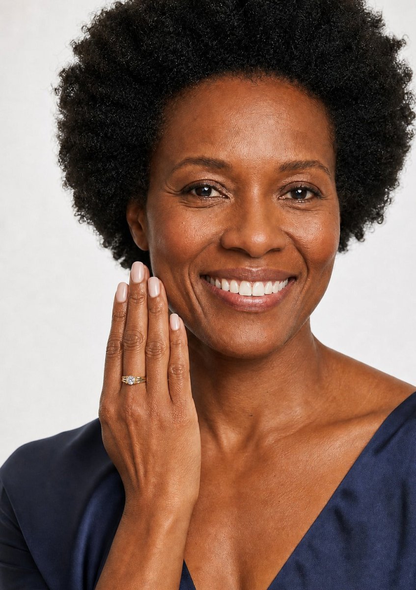 A woman wearing a yellow gold diamond ring