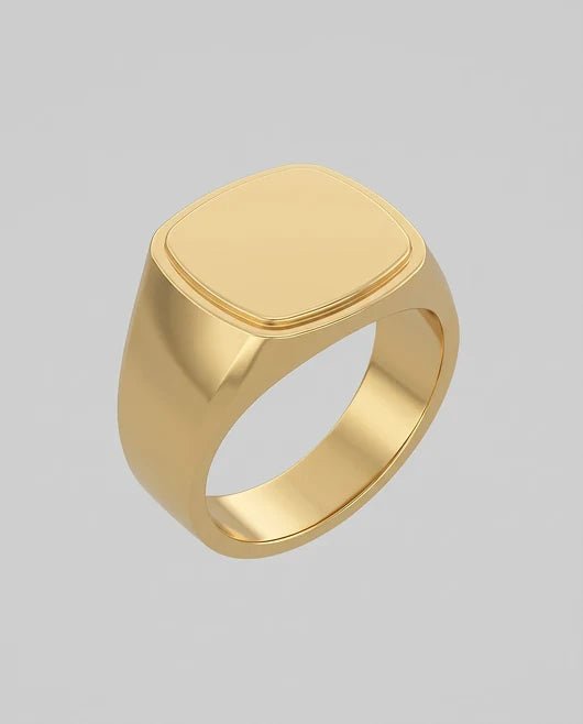 The design render of the low-profile signet ring in yellow gold