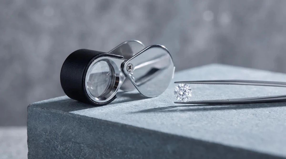 A jeweler's loupe beside a round diamond held in fine steel tweezers