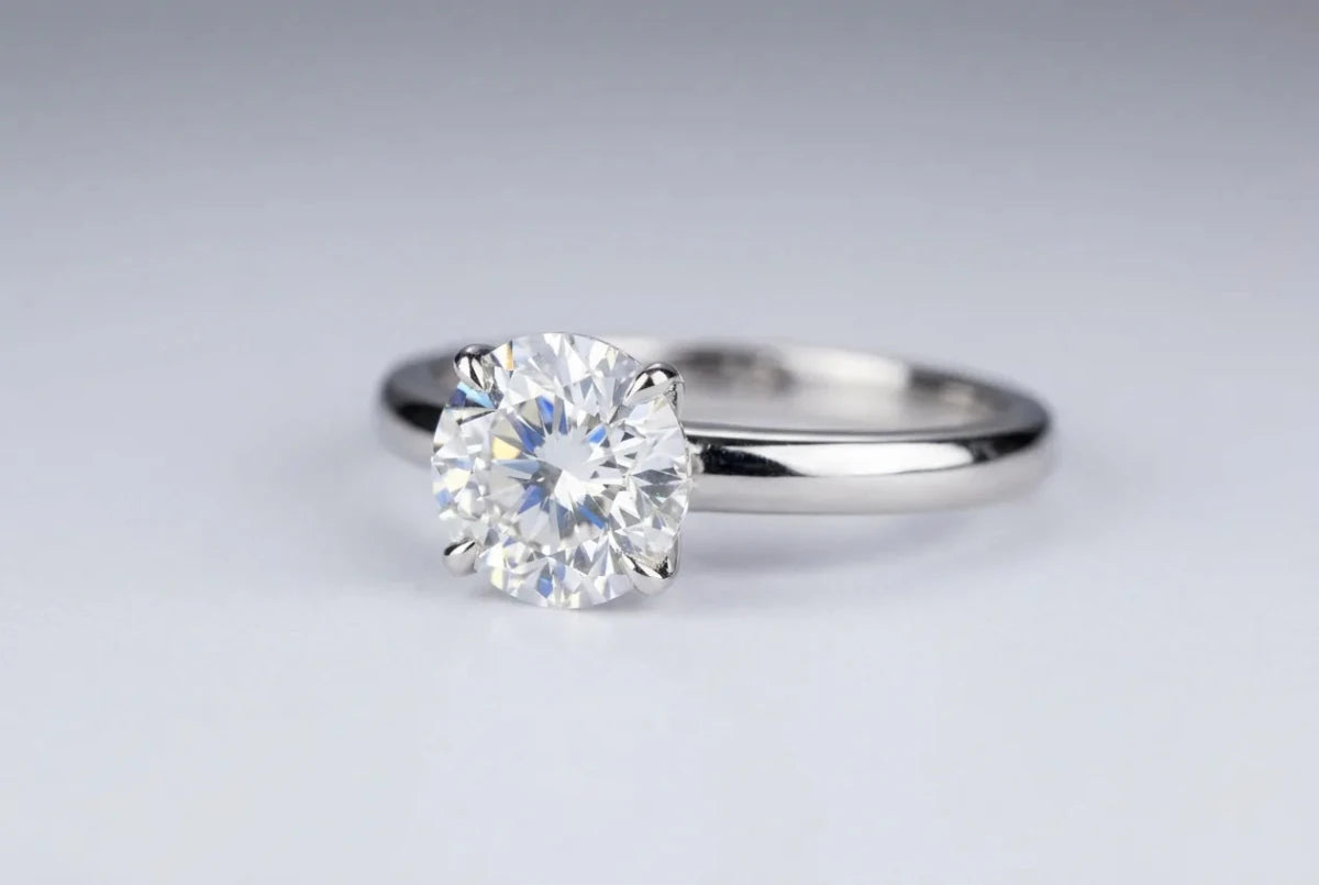 A round diamond in a white gold solitaire ring, facing up bright and white
